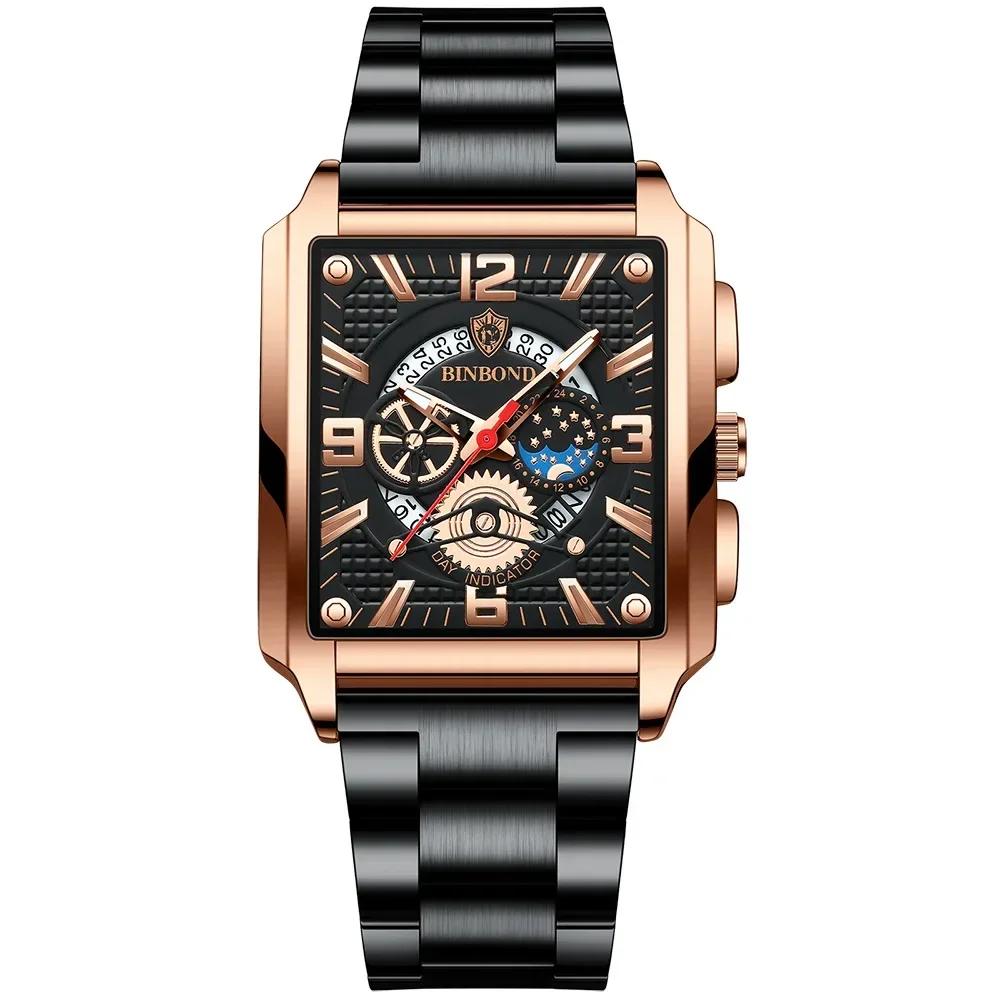BINBOND Classic Men Watches Square Type Watch for Man Quartz Movement Stainless Steel Waterproof Luminous Date Trend Watch