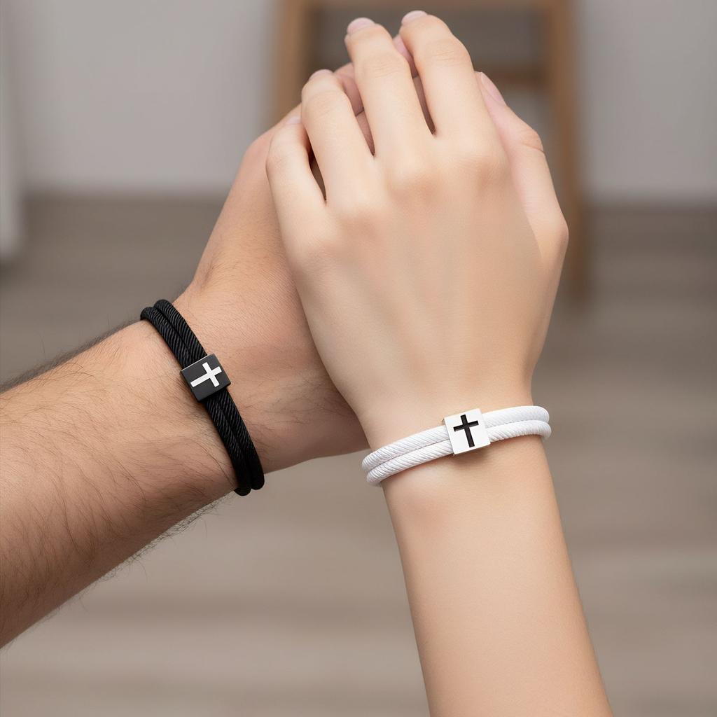 Hand-woven Black and White Cross Milanese Adjustable Bracelets – A Pair of Matching Couple’s Bracelets