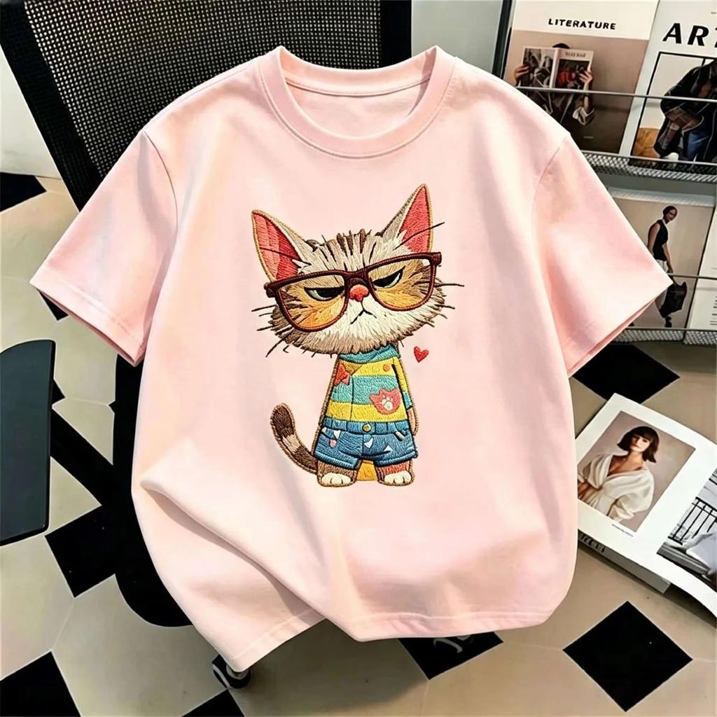 Cartoon Grumpy Cat With Glasses Graphic T Shirt Kids O-Neck Short Sleeve Tee Summer Casual Streetwear Fashion Top For Cat Lovers