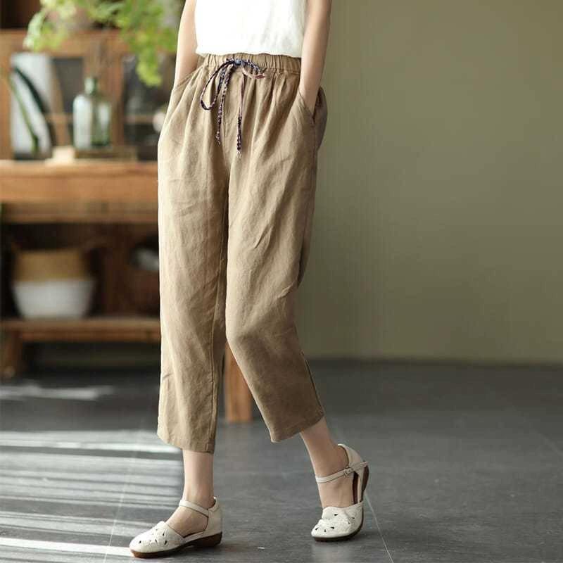 Casual Summer Pants Retro Elastic Waist Loose Cotton and Linen Harem Pant Summer New Solid Color Drawstring Pants for Lady