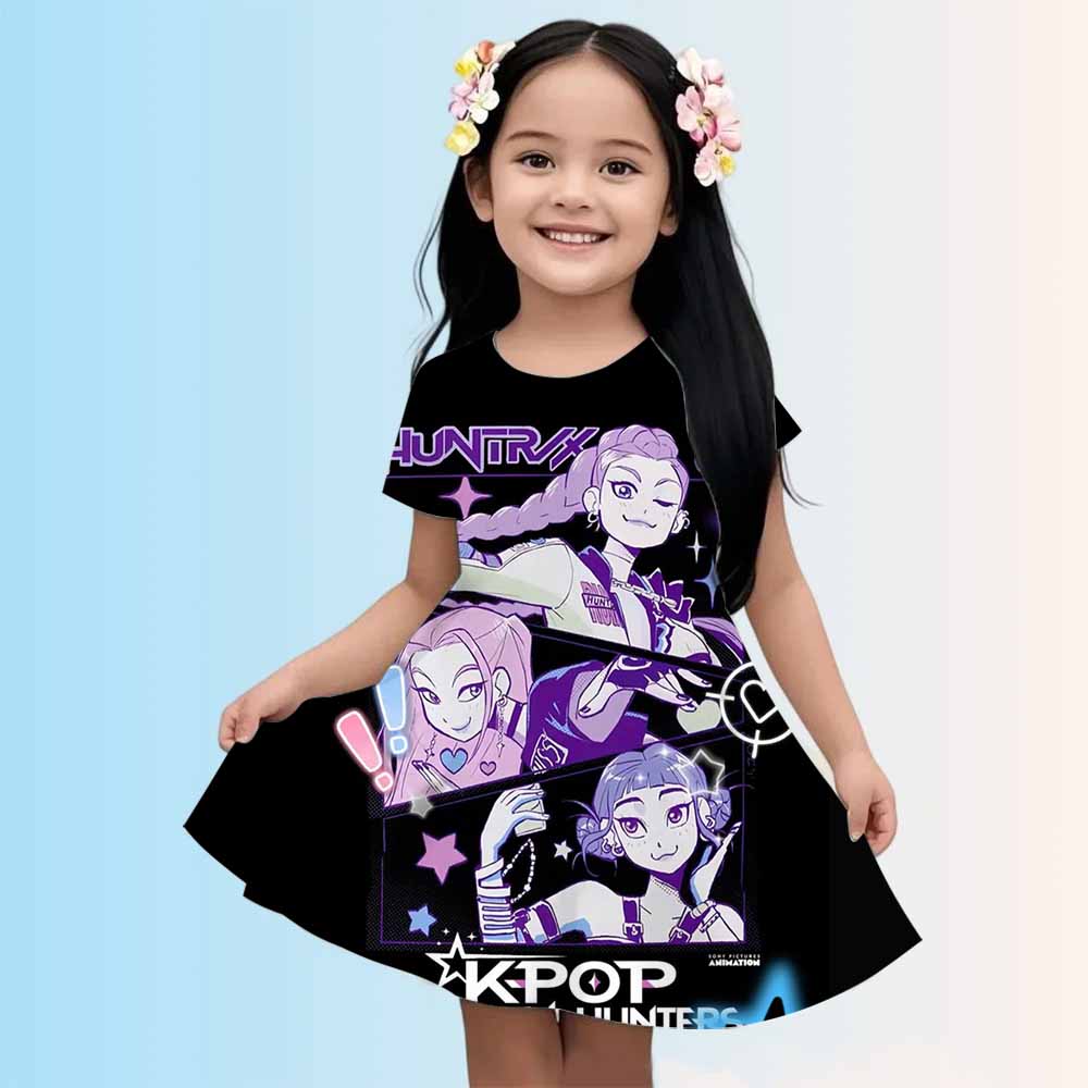 Girl Dress KPop Demon Hunters Summer 2025 Mini Short sleeved Dress Princess 3D Printed Cute Children's Clothing Party Top