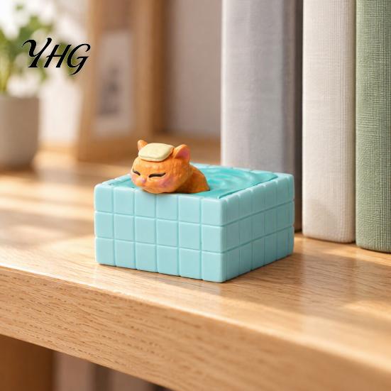 Decorative Cat in Bathtub Cute Bathing Figurine, Mini Kitten Blue Statue, Micro Landscape Charming Office Desk Decor Fairy Garden Ornament,
