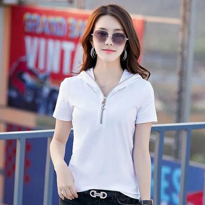 Chic Commuter Short-sleeved Summer Wear New Hooded Fashion Zipper Solid Color Versatile and Thin Short-sleeved T-shirt Top