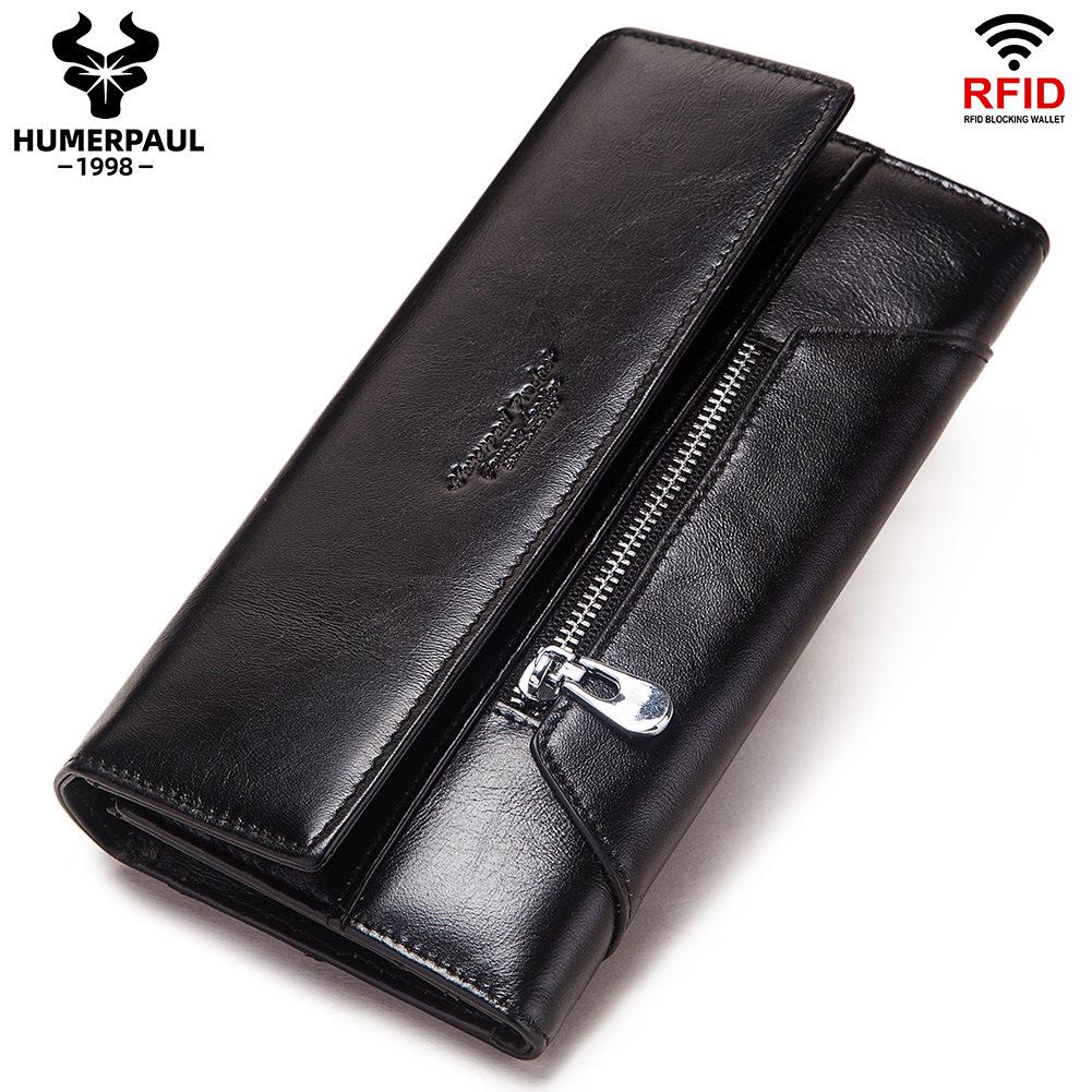 

Женский длинный кошелек из натуральной кожи с отделениями для нескольких карт RFID, клатч из коровьей кожи первого слоя для телефонов чёрный