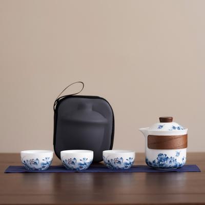 White Porcelain Suet Jade Portable One Pot Two or Three Cups Single Travel Tea Set Outdoor Hand-held Pot Express Customer Cup Butterfly Love Flower