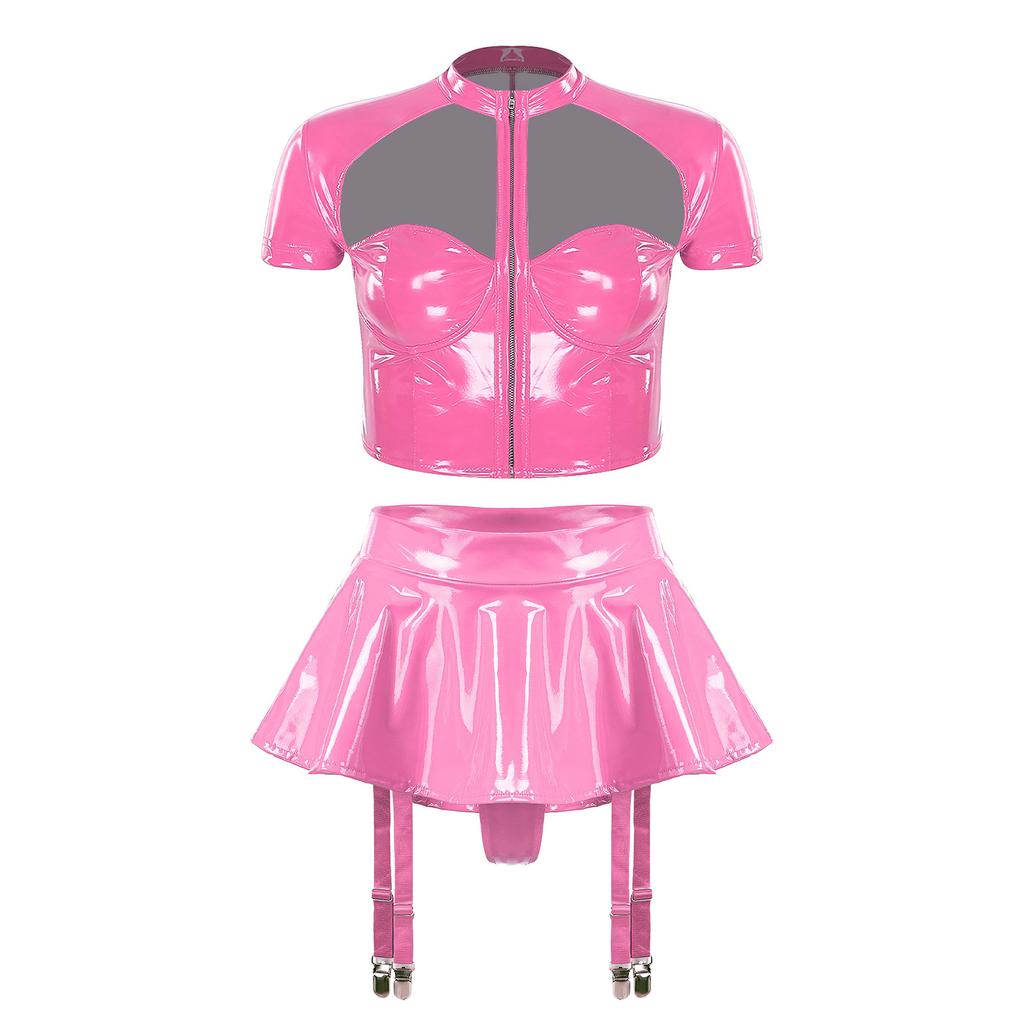 Womens PU Leather Crop Top Cutout Short Sleeve Push-up Underwire Built-in Thong Mini Skirt Rave Clubwear