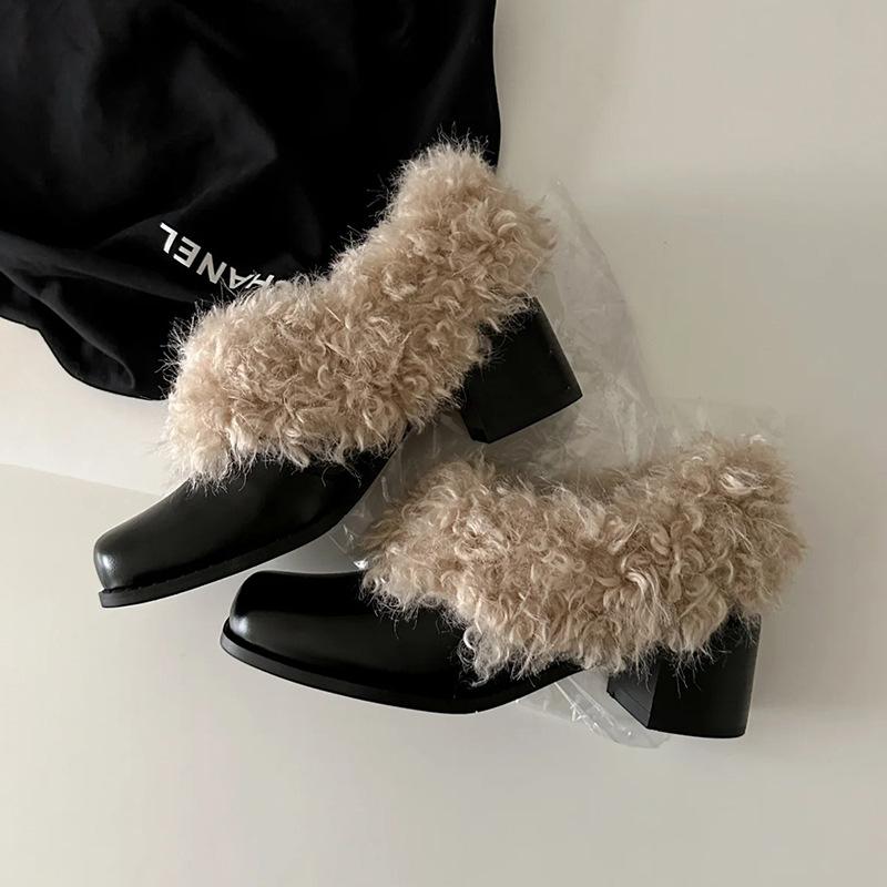 Leather Square-headed Fluffy Shoes with One Pedal, Retro Velvet To Keep Warm, Mary Jane Small Leather Shoes, New Cotton Shoes, Thick Heels, Si