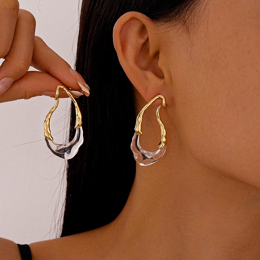 Geometric Water Drop Resin Earrings: Sterling Silver Needle, Gold-Plated, Irregular French Design for Women