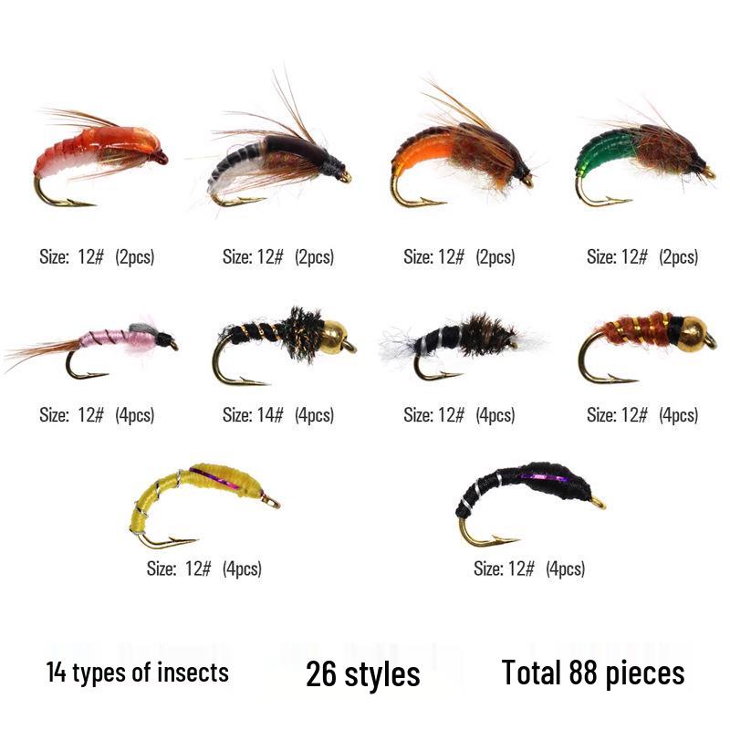 Sada 76/88/147 kusů muškařských nástrah s dvouvrstvou vodotěsnou krabičkou