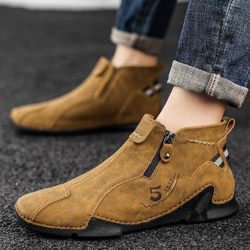 Men's Autumn and Winter Plus Size Fashion Zipper British Leather Boots Non-Slip Casual Boots Fashion High-Top