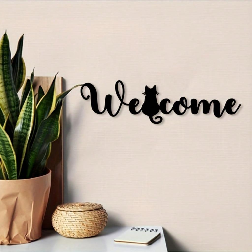 Cat Welcome Metal Wall Sign Whimsical Feline Silhouette Sculpture Home Decor Rust Resistant Pet Gift