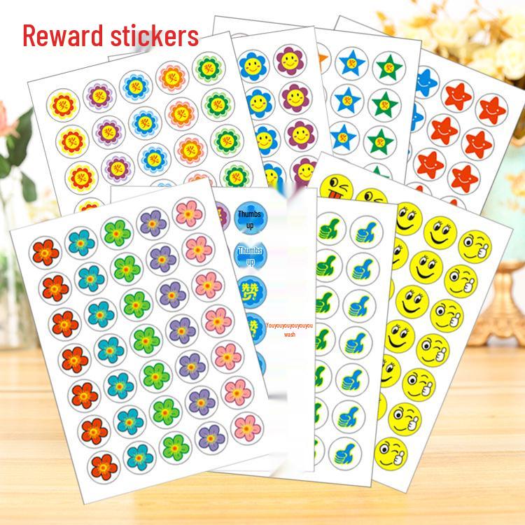 Children's Reward Stickers: Self-Adhesive, Red Flower, Thumbs Up, Smiley Face, Cartoon Designs for Primary School and Kindergarten.