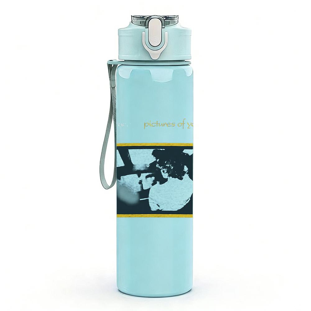 1PC Blue rectangular band album cover print 750ml colorful plastic sports water bottle leakproof pop up lid with straw for outdoor work home use