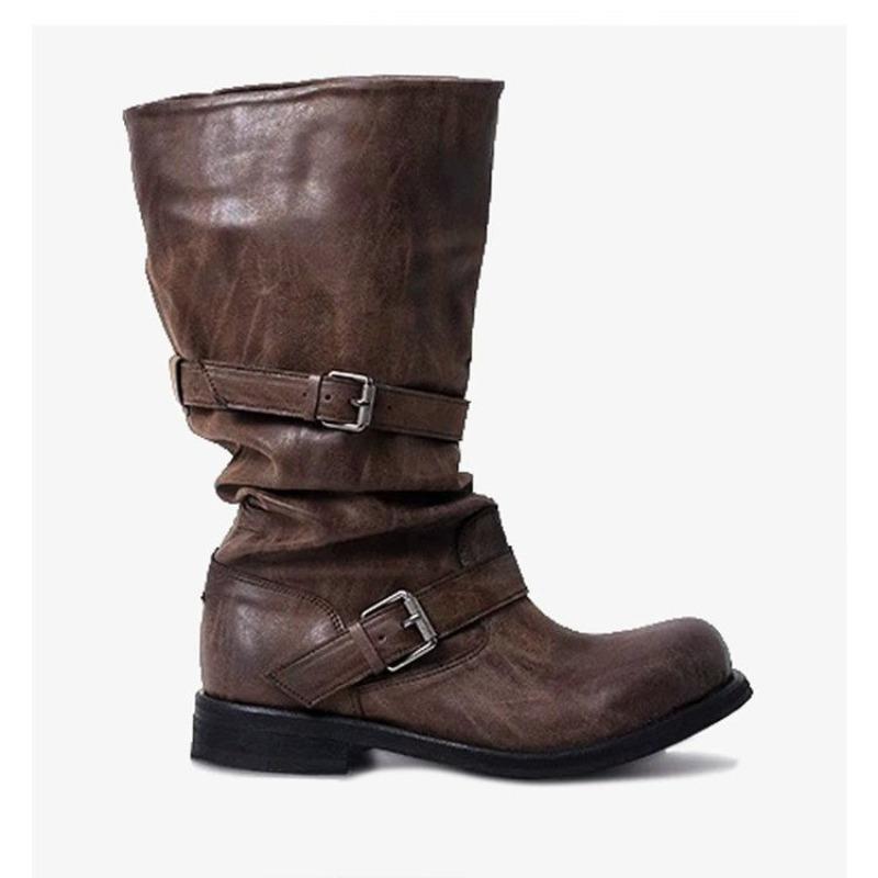 Mid-Tube Boots Fashion New Round Toe Sleeve Metal Buckle Pleated Anti-Slip Wear-Resistant Single Boots