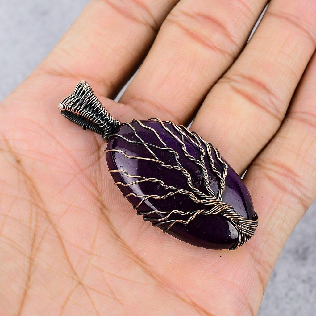 Tree Of Life Pink Flash Labradorite Pendant, 999 Copper Wire Wrapped Gemstone Jewelry, Handmade Pendant For Mother Day
