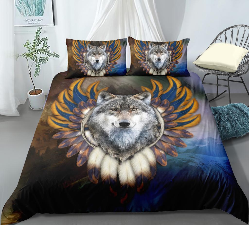 3D Animal Print Bedding Single Double Bed Full Size Pillowcase and Quilt Cover 2 or 3 Wolf or Eagle Designs Washable and Comfortable Home Decoration