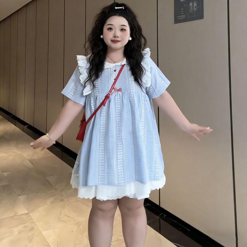 Plus-Size Women s Fashion: Stylish Plaid Doll Collar Loose Dress for Summer 2026, Slimming and Versatile Short Top + Bud Skirt L