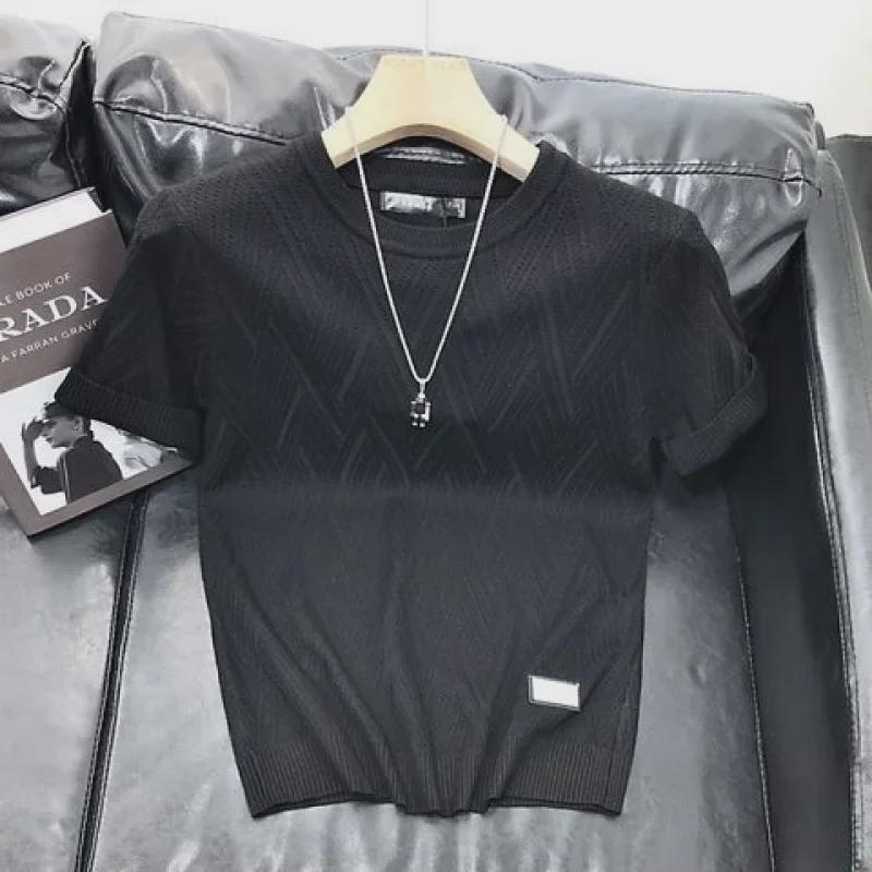 Trendy Men's Slim-Fit Jacquard Knit Sweater with Inner T-Shirt - Lightweight, Short-Sleeved Design