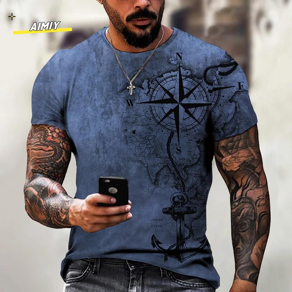 Vintage Summer Compass Pattern 3D Printed Short-sleeve Men's T-shirts Loose Daily Men Clothing Casual Streetwear