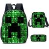 Minecraft Cartoon Print Backpack Set 3-Piece Student School Bag Water-Resistant Large Capacity Unisex