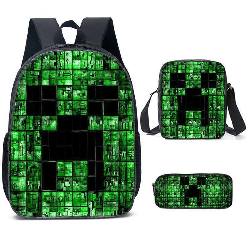 Minecraft Cartoon Print Backpack Set 3-Piece Student School Bag Water-Resistant Large Capacity Unisex