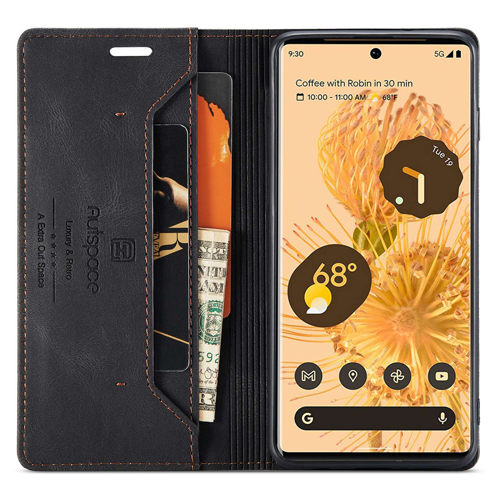 

AUTSPACE A01 Series for Google Pixel 6 Pro PU Leather Case RFID Blocking Retro Wallet Stand Flip Cover Black