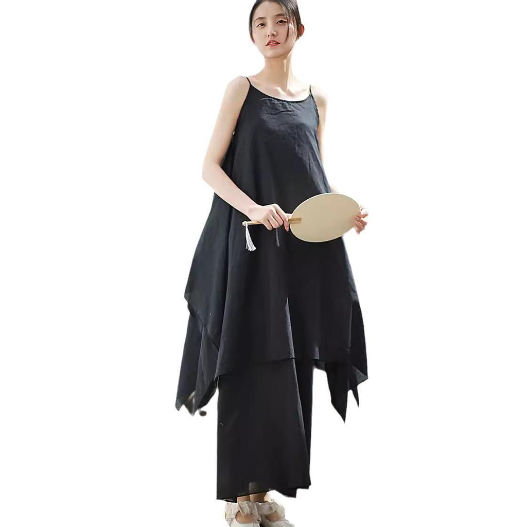 Jarní a letní zenová bavlněná dvouvrstvá asymetrická sukně na ramínka