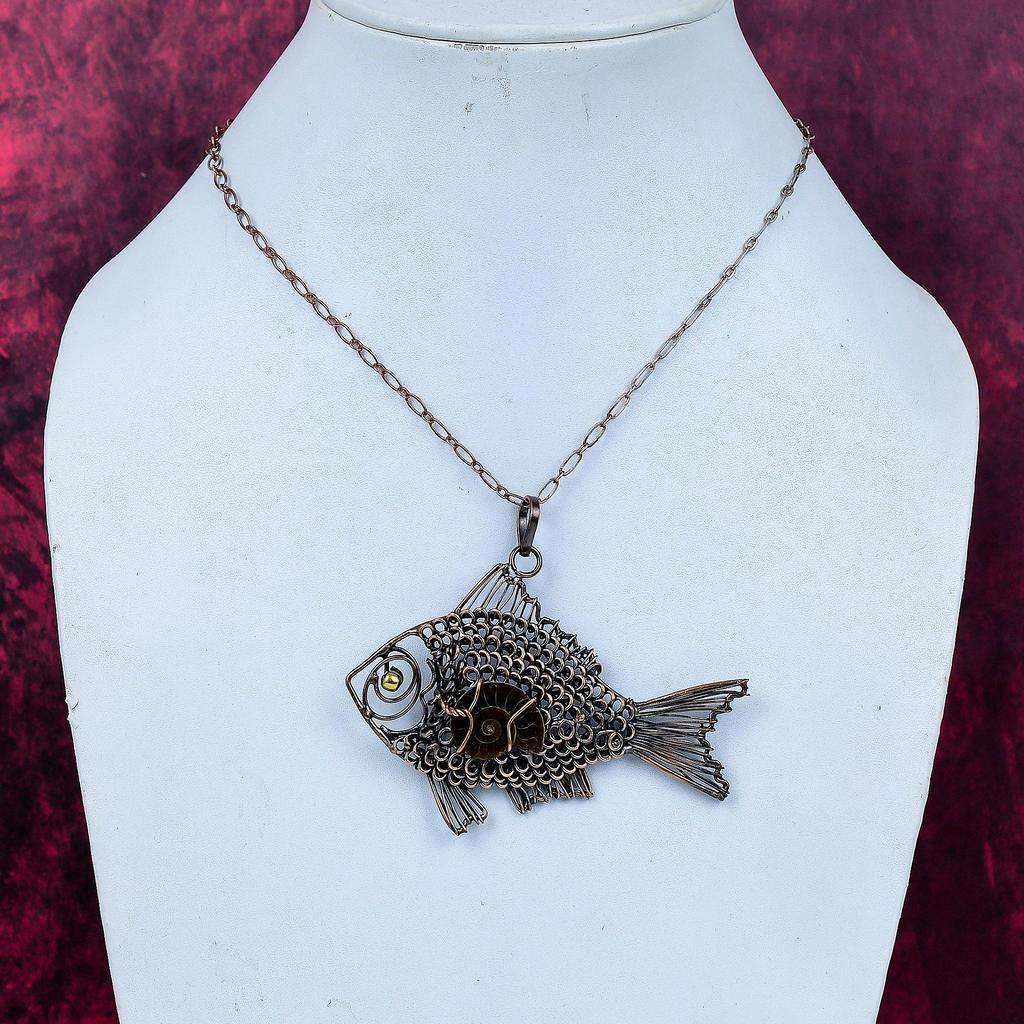 Ammonite Fossil Pendant Copper Wire Wrapped Decent Jewelry Fish Gemstone Pendant