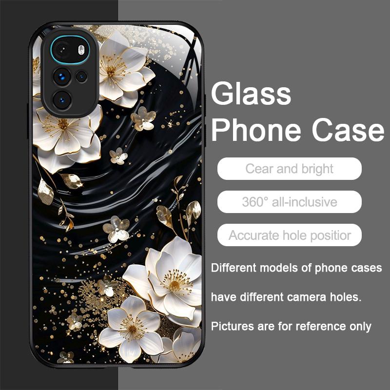 Vintage Floral Stylish Lotus Flower Tempered Glass Phone Case for Motorola Moto G85 G84 G75 Edge 50 Fusion 40 Neo 30 Pro Covers