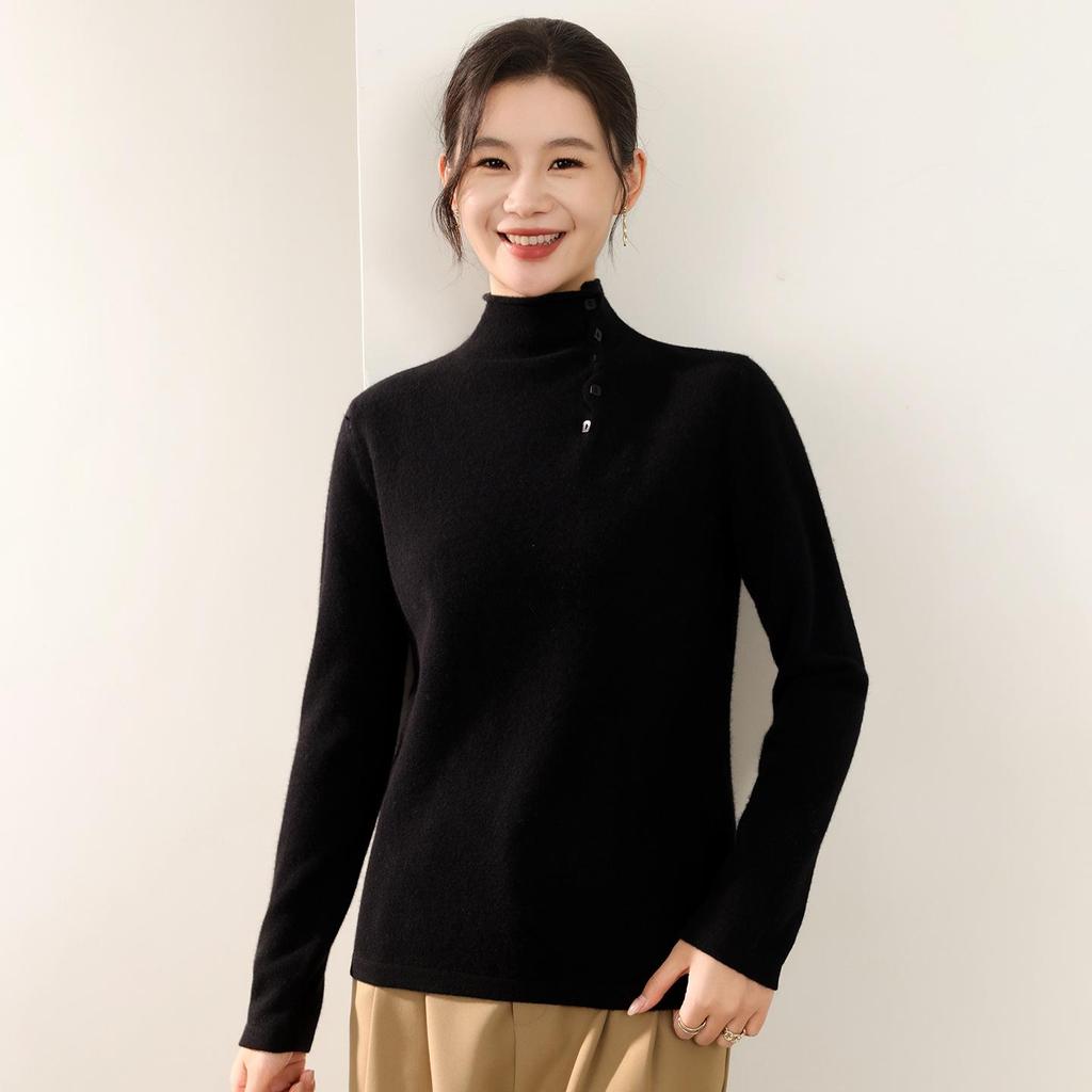 Winter 2025: Loose Casual Wool Sweater with Half-High Collar & Rolled Hem