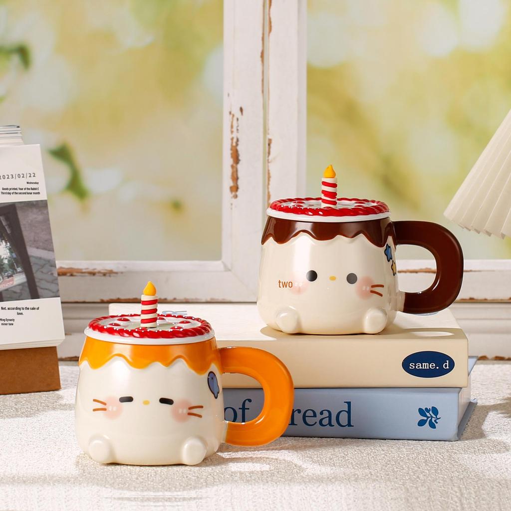 Cute Birthday Cat Candle Mug with Lid & Spoon - Heart Coffee Cup Gift