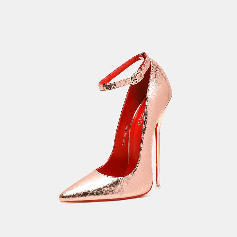 Wunderschöne 16cm Extreme High Heels Echtes Leder Stilettos Glitzernde Fetisch Knöchelriemchen Schafsleder Pumps SM Laufsteg Herrenschuhe