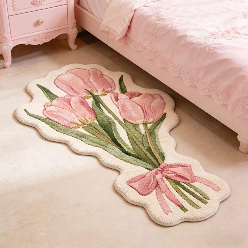 Useful Flower Shape Fluffy Soft Carpets Bow Design Comfortable Irregular Bedside Rug Colorful Decorative Rug Bedroom