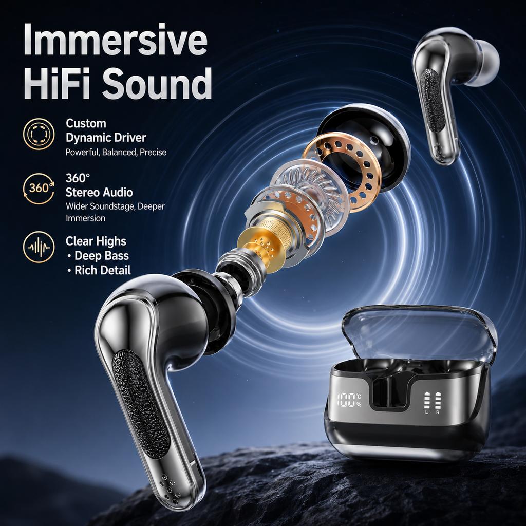 In-Ear Bluetooth Headphones Wireless Earphones with AI Noise Reduction, LED Display, 360° Stereo Sound and Touch Control