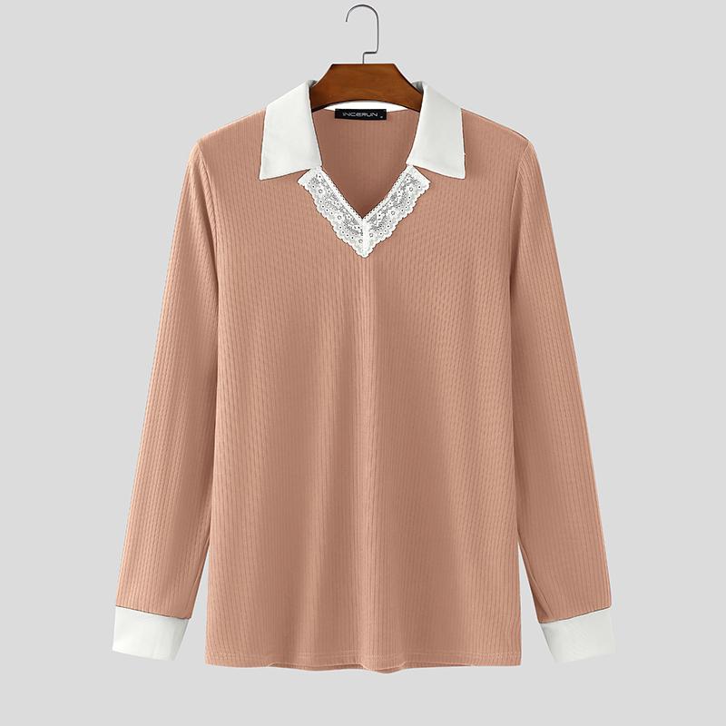 

INCERUN Autumn Men Lace Lapel V Neck Long Sleeve Rib Stitching Casual Pullover Tops S розовый