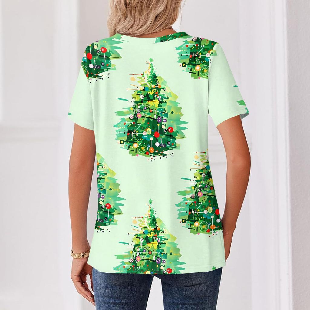 Women's Christmas Print V-Neck Short Sleeve T-Shirt with Decorative Buttons Casual Top