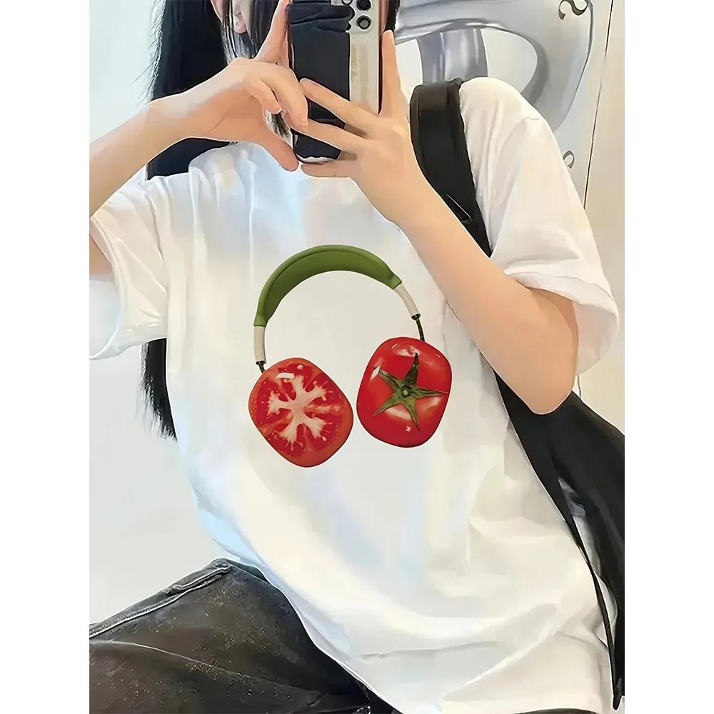

Summer New Style Tomato Headphones Graphic Printed TShirt Crew Neck Short Sleeve Relaxed Styles Comfortable Women Tops S