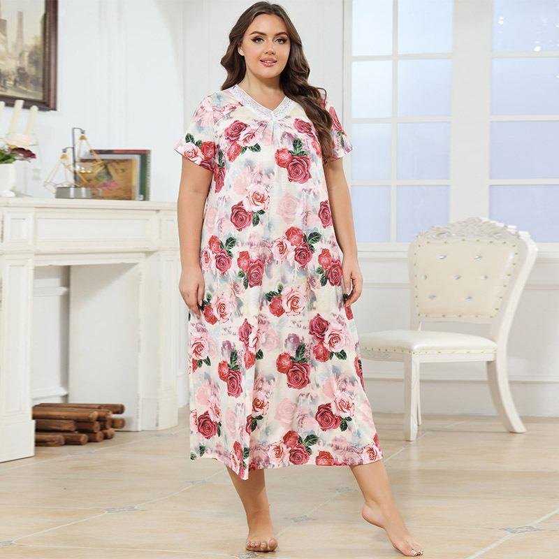 Women's Home Wear Pajama Set - V-neck Lace Patchwork Printed Short-sleeved Long Dress Pajama Set