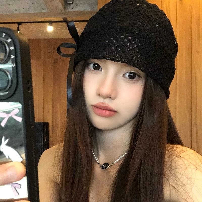 Niche Design Cute Black Hollow Bow Cold Hat Women Versatile Elastic Lace Hat Hot Girl Pile Hat
