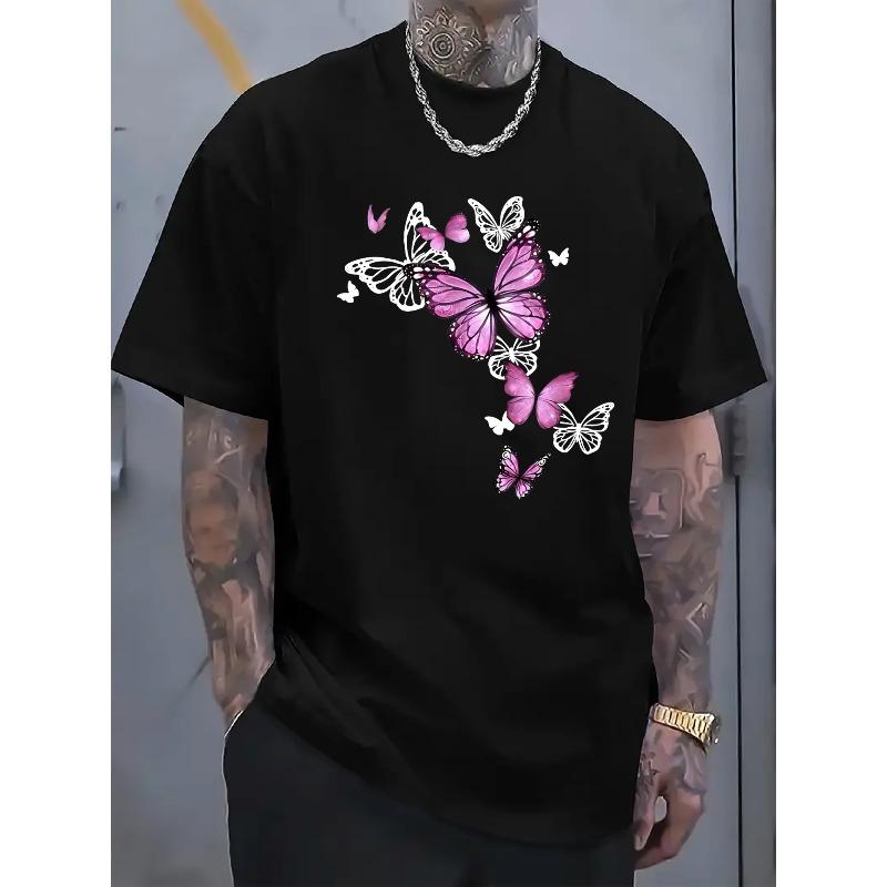 European Size Fashionable, Elegant, and Minimalist Printed Men's Short-sleeve T-shirt - The Purple and White Butterfly Print on the Red T-shirt