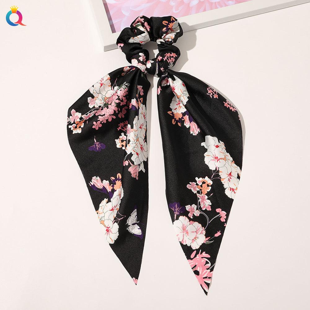 Fashion Print Chiffon Long Ribbon Scrunchies Women Girls Ponytail Scarf Elastic Hair Bands Ties Hair Accessories