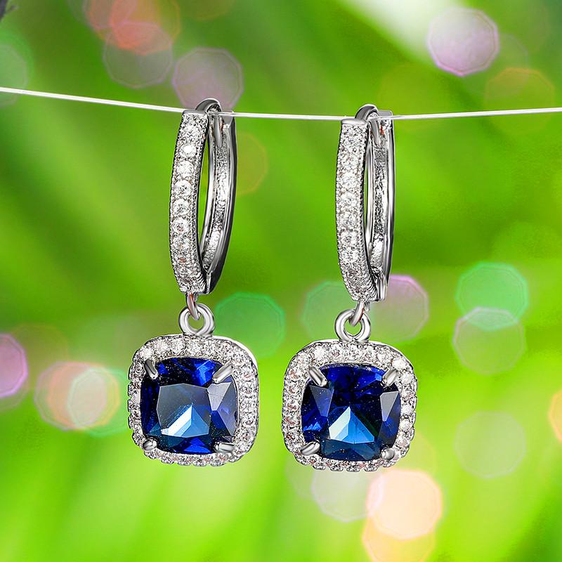 Vintage Damen Blaue Kristallsteine Klassische Silberfarbene Creolen Zierliche Braut Quadratisch Hochzeit Für Frauen
