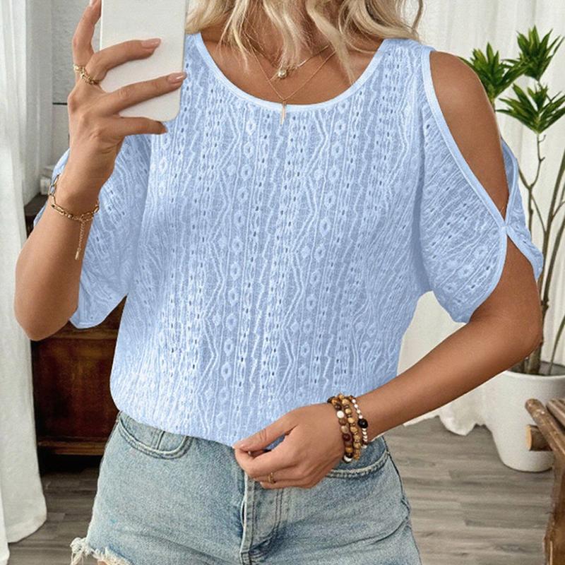 Ladies Summer Hollow Batwing Sleeve Solid Color Pullover Lace T Shirt Top