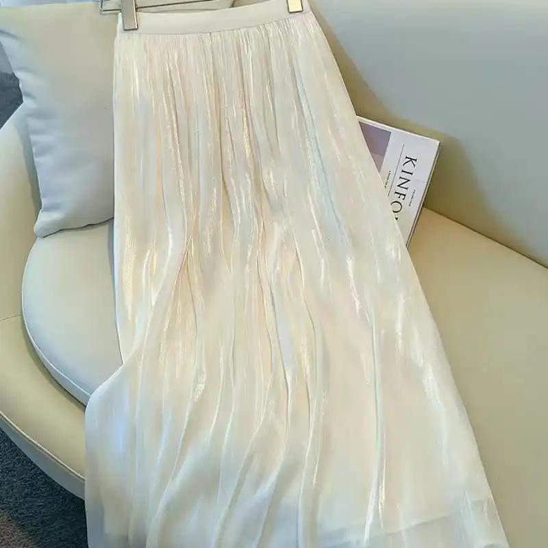 Skirt for Women Shimmer Tulle Casual Versatile Elastic High Waist Long Loose Solid Color Trousers Stretchy Slim Skirt