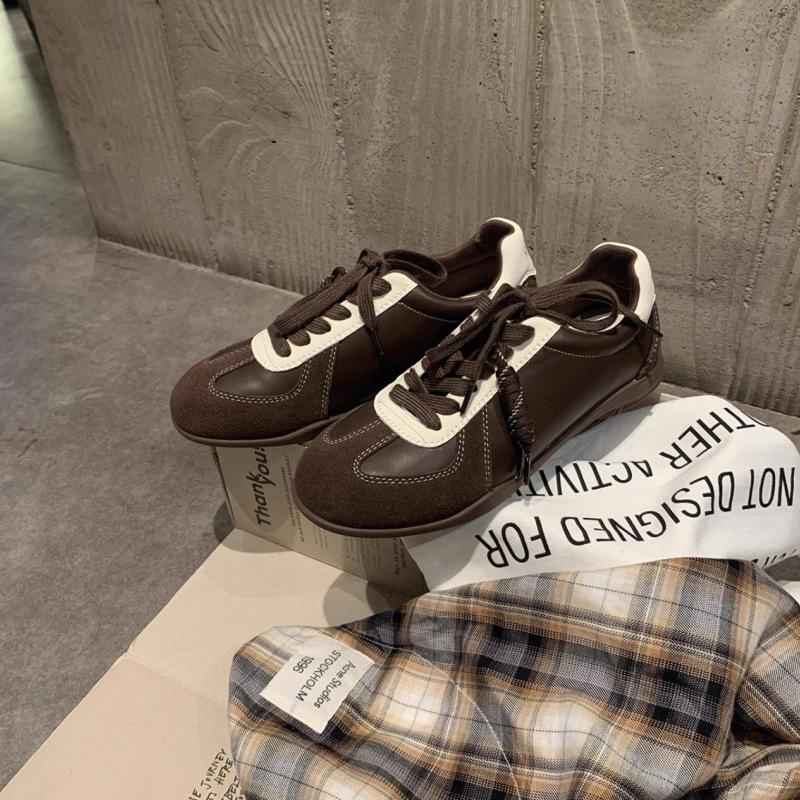 Cowhide Retro Platform German Training Shoes Women's New Knots and Laces Color Matching Casual Sports Shoes Heightening Forrest Gump Shoes Board Shoes