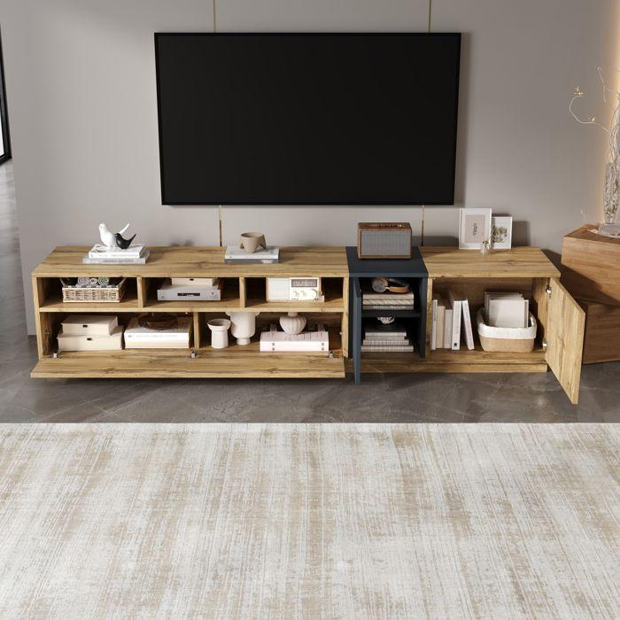 Meuble TV En Bois - LEMONBEST - Meuble TV Moderne Bicolore - 200×45×45 Cm - Bicolore Gris-noir/bois - 3 Compartiments Et Portes