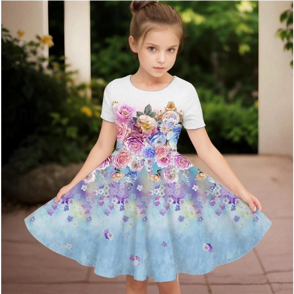 Girls 3D Print Dresses Kids Girl Party Short Sleeve Princess Dress Tank 3D Bouquet Print Dress