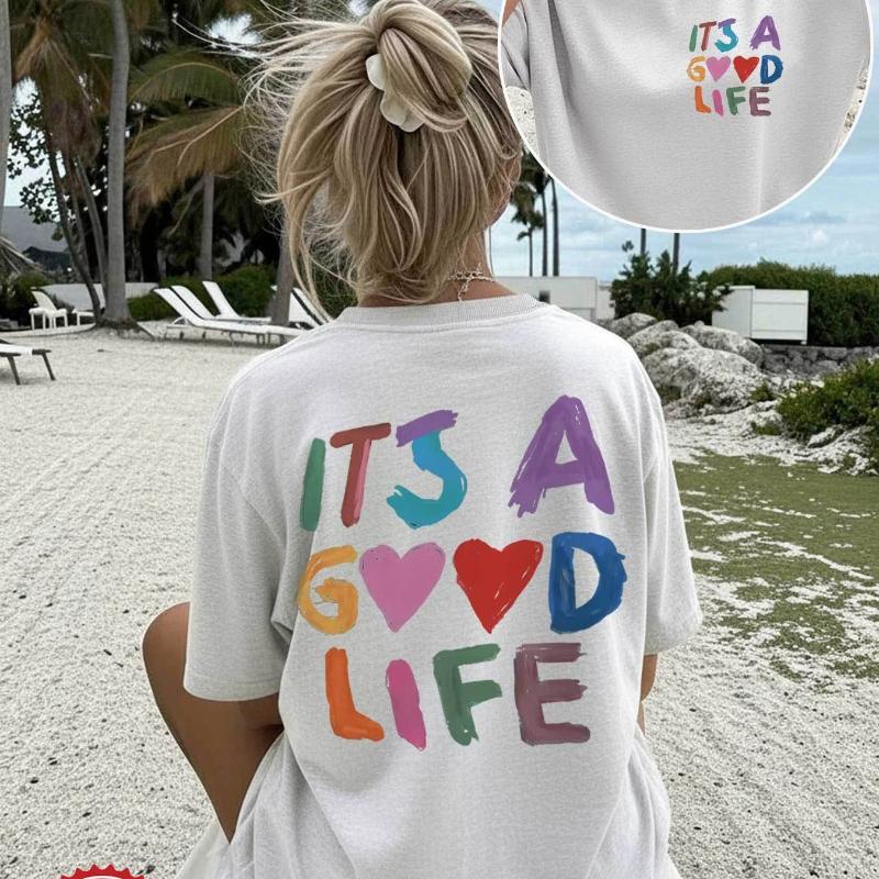 Summer Loose Casual Women'S Top with Double-Sided Print, Hand-Drawn Style Featuring , Round Neck Short-Sleeve Oversized T-Shirt