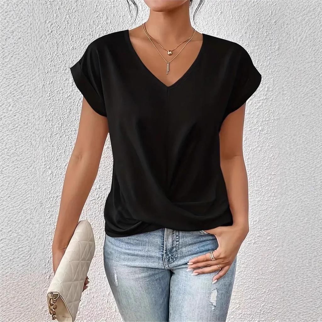 Ladies Summer Short Sleeve V Neck Knot Breathable Solid Color Pullover T Shirt Top