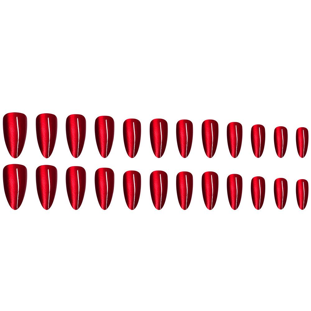 24Pcs Glossy Red Cat Eye Press On Nails, Almond Full Cover Wearable False Nails for Women